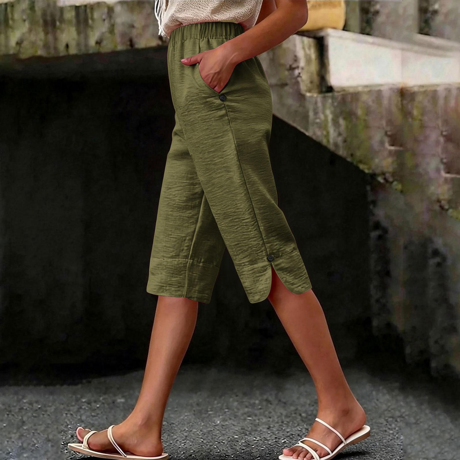 

Caprid Pants For Women High Waist Casual Summer Bottom With Side Pocket L армия зеленый