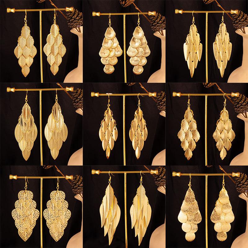 Personalized Indian Baroque Retro Wind Willow Leaf Long Women'S Earrings Hollow Love Multi-Layer Fringed Earrings