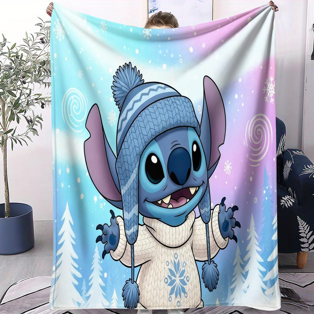 Stitch Snowy Winter Themed Series Cute Cartoon Print Fleece Blanket for Adult Quality Cozy Warm Blanket for Travel Picnic Home