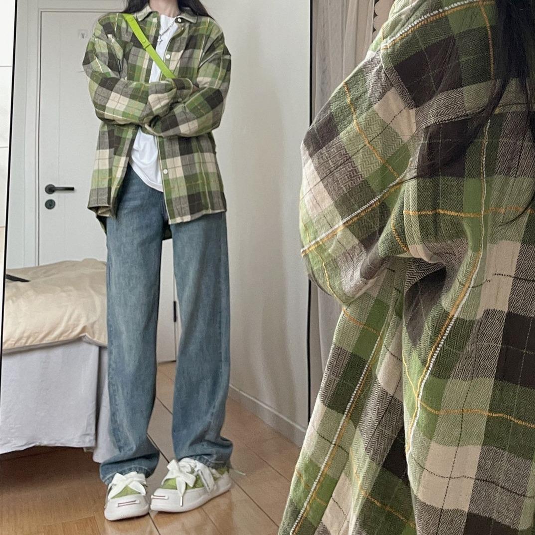 

Women s Green Plaid Long Sleeve Polo Collar Shirt - Spring/Summer Casual Loose Fit with Sun Protection S зелений