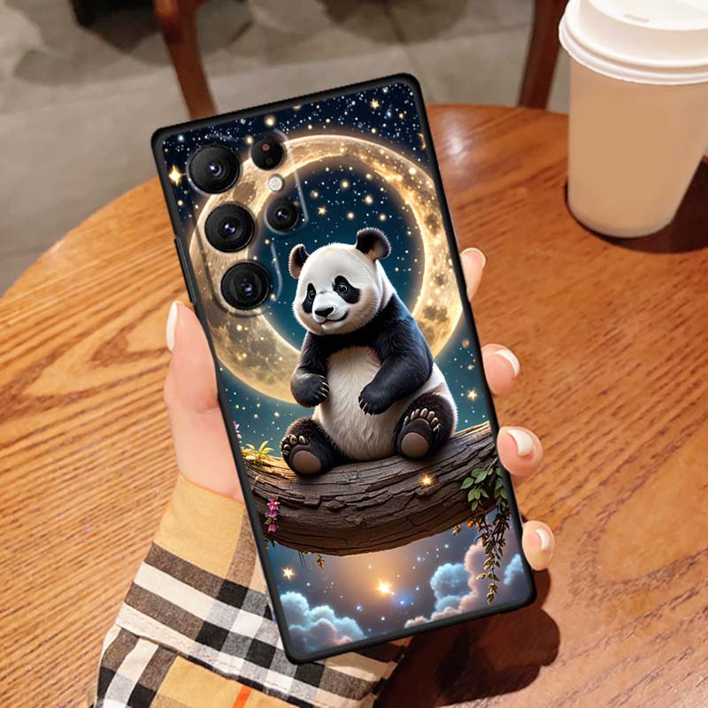 Cartoon Anime Panda Cute Phone Case For Samsung Galaxy S26 S25 S24 S23 S22 S21 S20 Ultra Plus FE 5G Black Soft TPU