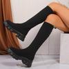 Lente Herfst Nieuwe Dikke Zool Gebreide Lange Laarzen voor Dames Mode Elastische Sokken Laarzen Over de Knie Ronde Neus Plateau Schoenen