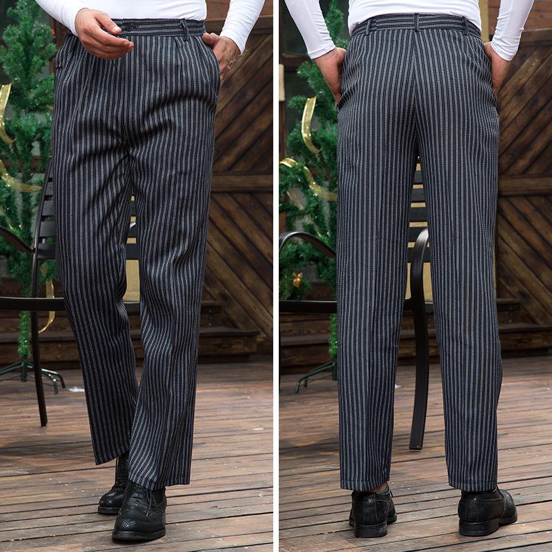 Men's Loose Straight-Leg Cotton Work Pants - Striped Kitchen Waiter Trousers