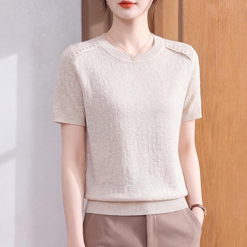 Women s Mid-Aged Summer Ice Silk Knit T-Shirt 2XL