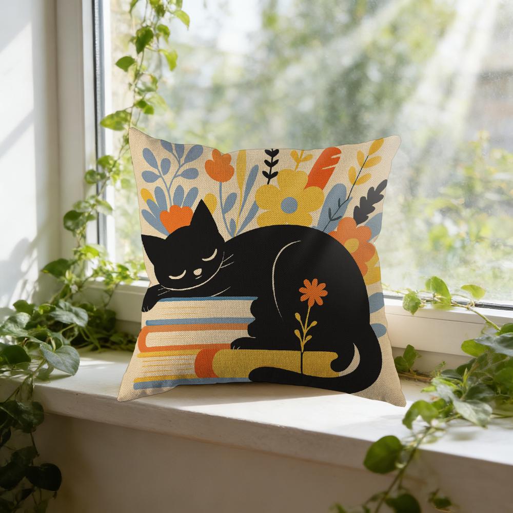 Cushion Cover Black Cat Floral Pattern For Home Decor Window Seat Pillow Case
