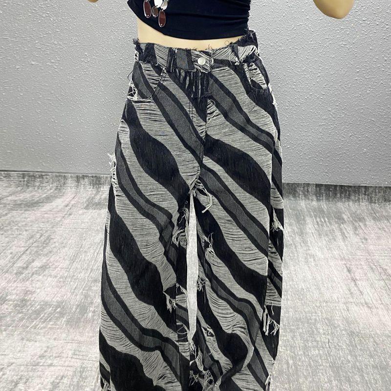 Plus Size Cool Color - Blocked and Raw - Edge Design Jeans for Women - Niche Loose - Fit Slimming Wide - Leg Floor - Length Trousers
