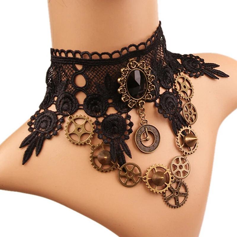 Collares Sexy Gothic Chokers Crystal Gear Chain Black Lace Neck Choker Necklace Vintage  Women Chocker Steampunk Jewelry