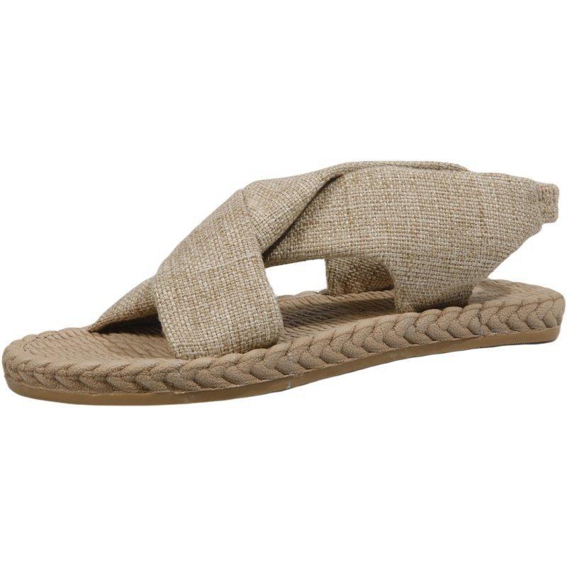 Summer New Beach Sandals Women's Outer Wear Straw Linen Sandals Elastic Band Cross Flat Women's Shoes