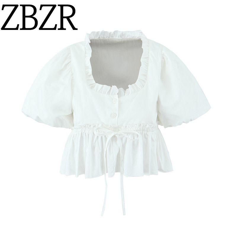 Za Summer New Arrival Women's Clothing Fashion Style Fashion Puff Sleeve Bows Wooden Ear Pleated Drawstring Small Top