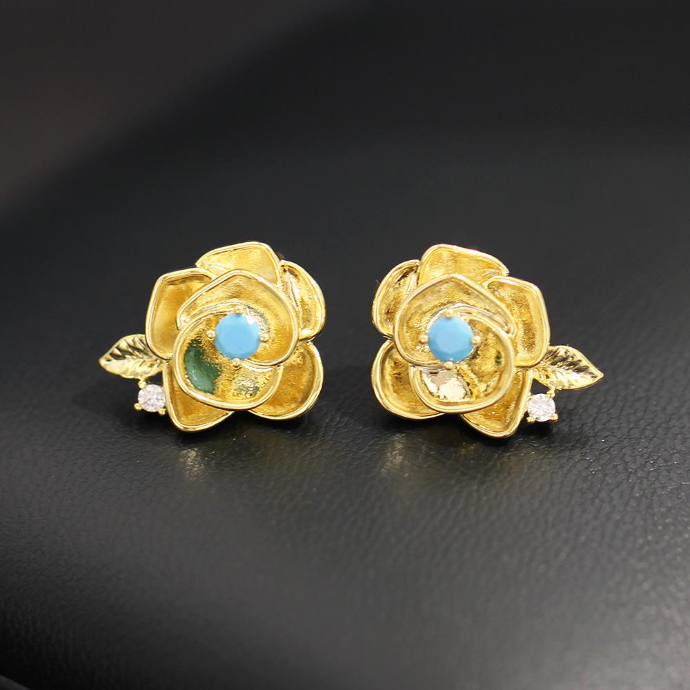 Новые милые серьги-гвоздики с цветами, инкрустированными камнями, золотисто-розового цвета, позолоченная игла из серебра 925 пробы, серьги женские универсальные