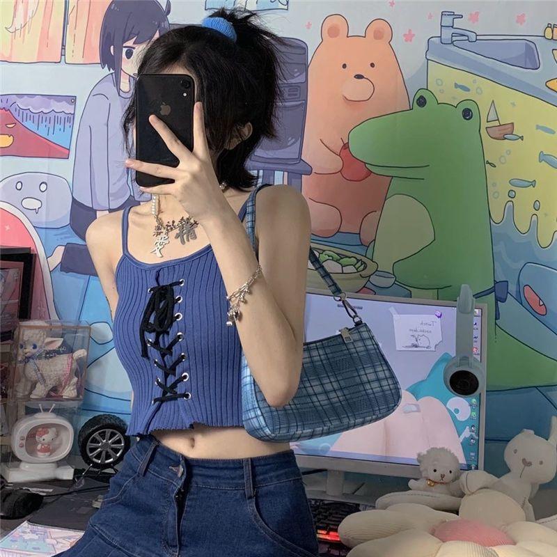 Gothic Grunge Y2k Crop Top bez zad Rukávový Dámský Kawaii Roztomilý Bílý Pletený Tílka Tank Topy Letní Móda Vesta Dámské Šněrovací Oblečení