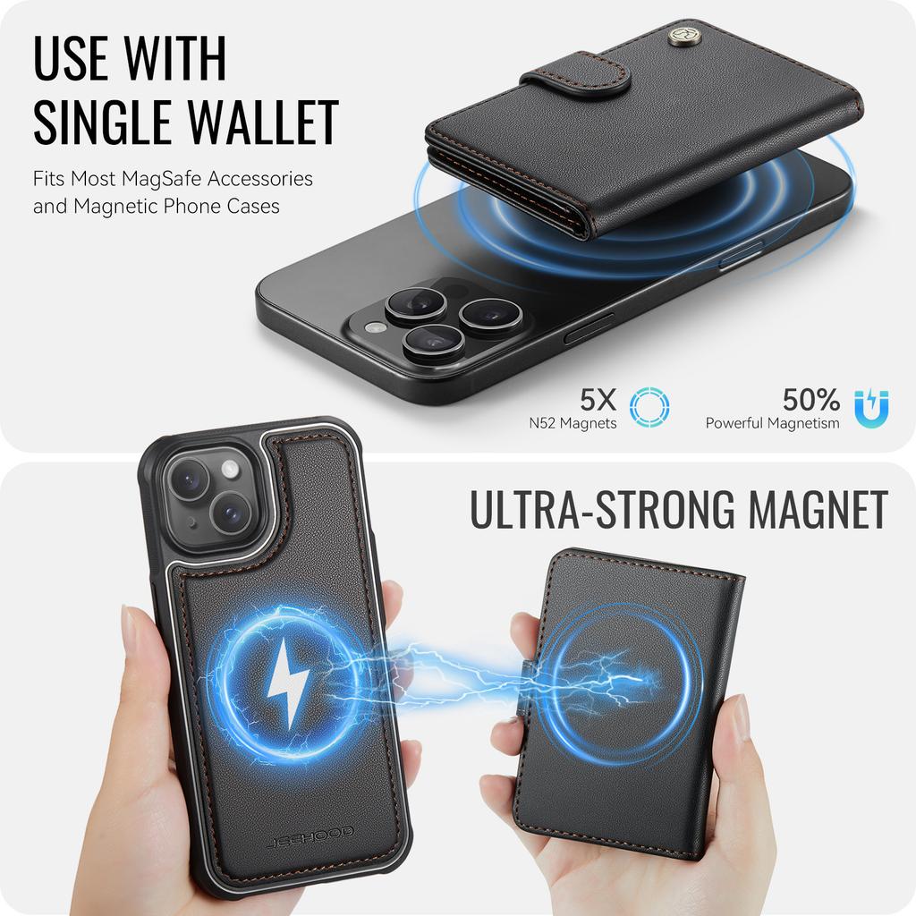 For iPhone 15 Case JEEHOOD J09 RFID Blocking Card Holder Leather Back Phone Cover Compatible with MagSafe