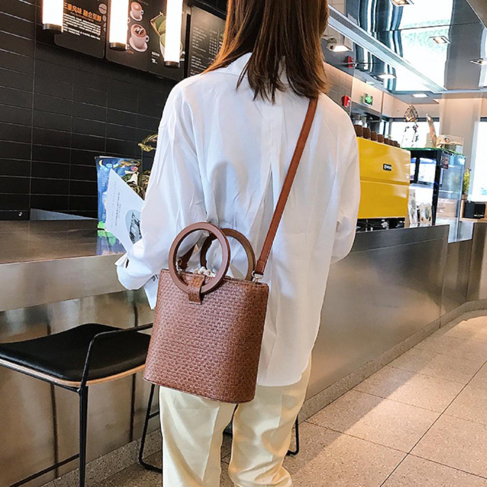 Fashion Woven Beach Solid Wood Handbag All-match One-shoulder Messenger Female Bag