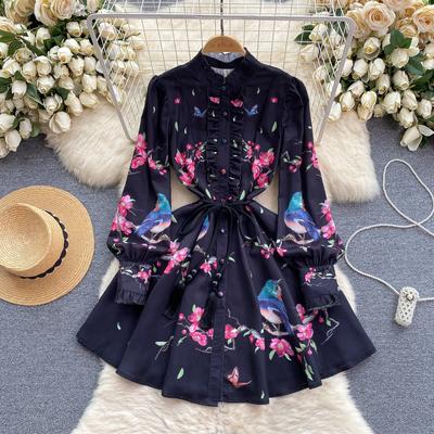 French Chic Retro Vestidos Female Long Sleeve Printed A-line Bodycon Dress Spring Lace-up Pleated Dresses Button Dropshipping