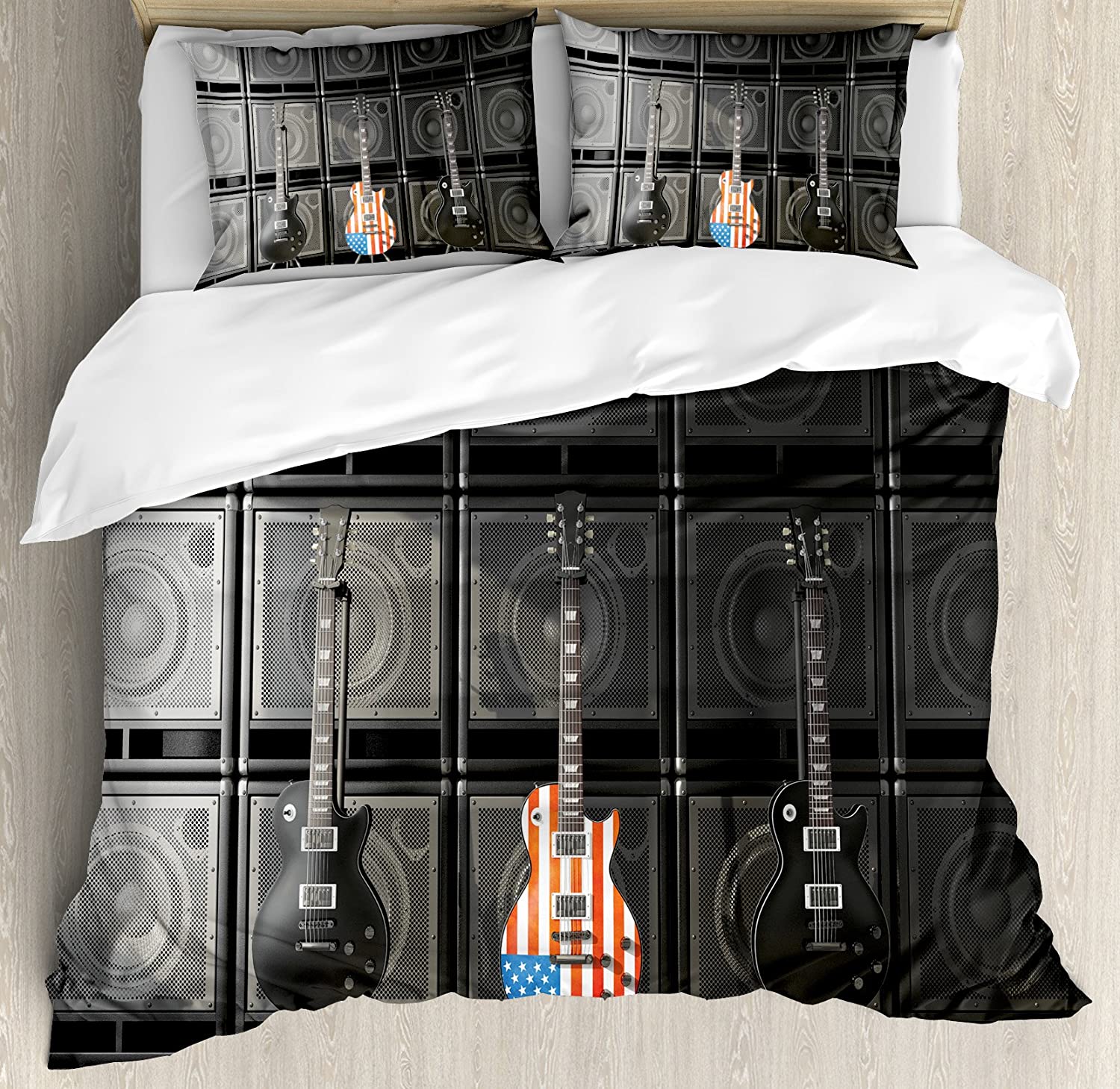 Gitaar Beddengoed Set Voor Slaapkamer Bed Thuis Muziekinstrumenten Set Patroon met Diverse Akoestische Dekbedovertrek Quiltovertrek Kussensloop EU single(135x200cm)