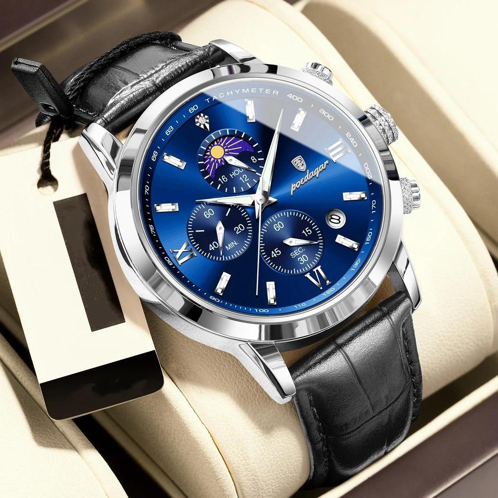 POEDAGAR Original Business Men's Wristwatch Chronograph Date Luminous Waterproof Man Watch Leather Luxury Quartz Watches For Men