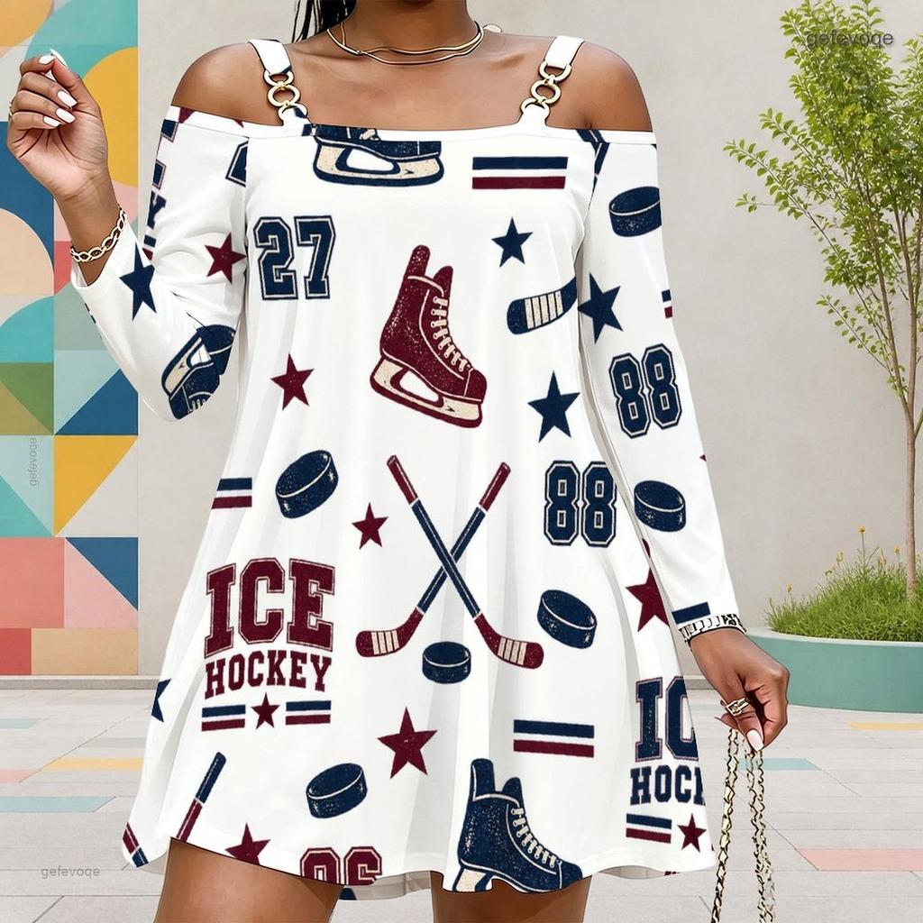 Women Plus Size Cold Shoulder Long Sleeve Surf Printed White Dress