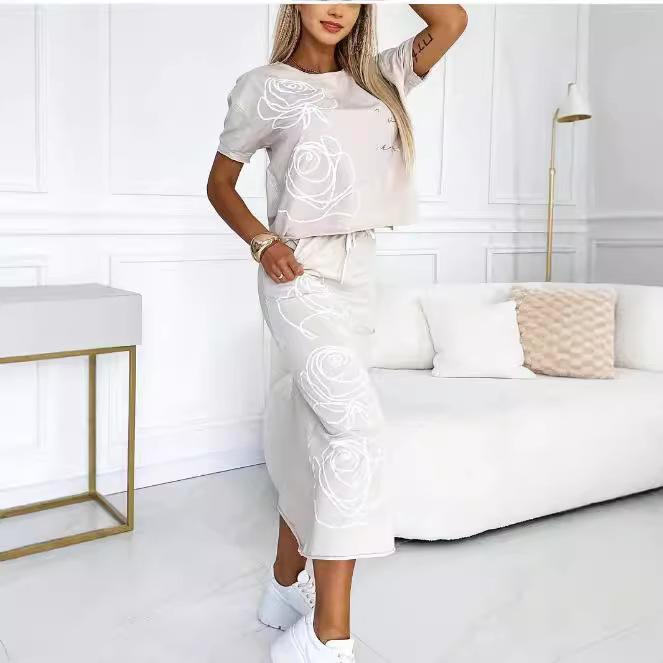 Women's Black Short Sleeve T-Shirt with White Rose Print and Matching Midi Skirt Set