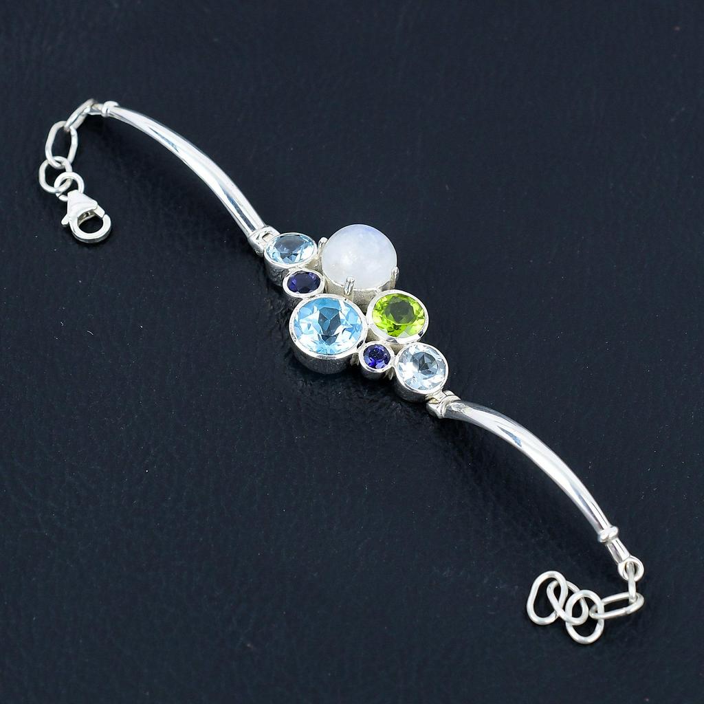 Natural Blue Topaz & Moonstone Gemstone Bracelet, Solid 925 Sterling Silver, Handmade Bracelet Jewerly Gift For Women & Girls