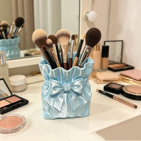 Dressing Table Brush Holder Satin Bow Bag Makeup Holder, 3D Printed Beauty Tool Organizer Cosmetic for Desk, Large Bowknot Pouch Pencil Storage