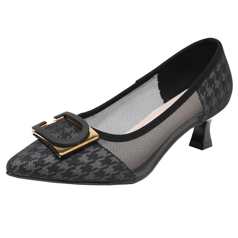 Summer women's single shoes spring and autumn hollow mesh middle heel breathable women's shoes medium high heel with skirt sandals