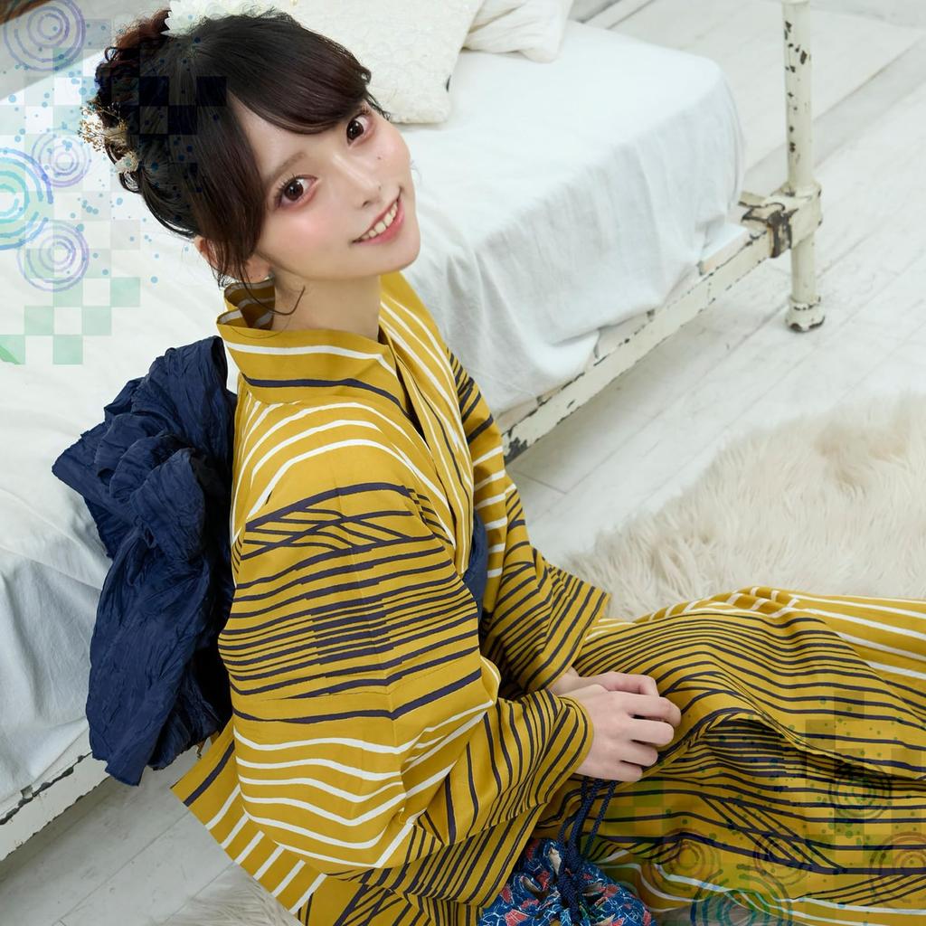 RAVIR Yukata Gold and Black with Arrow Fluffy Obi and Geta One Size Fits All Women's 3-Piece Set, Pattern, Belt, Sandals, Yellow,