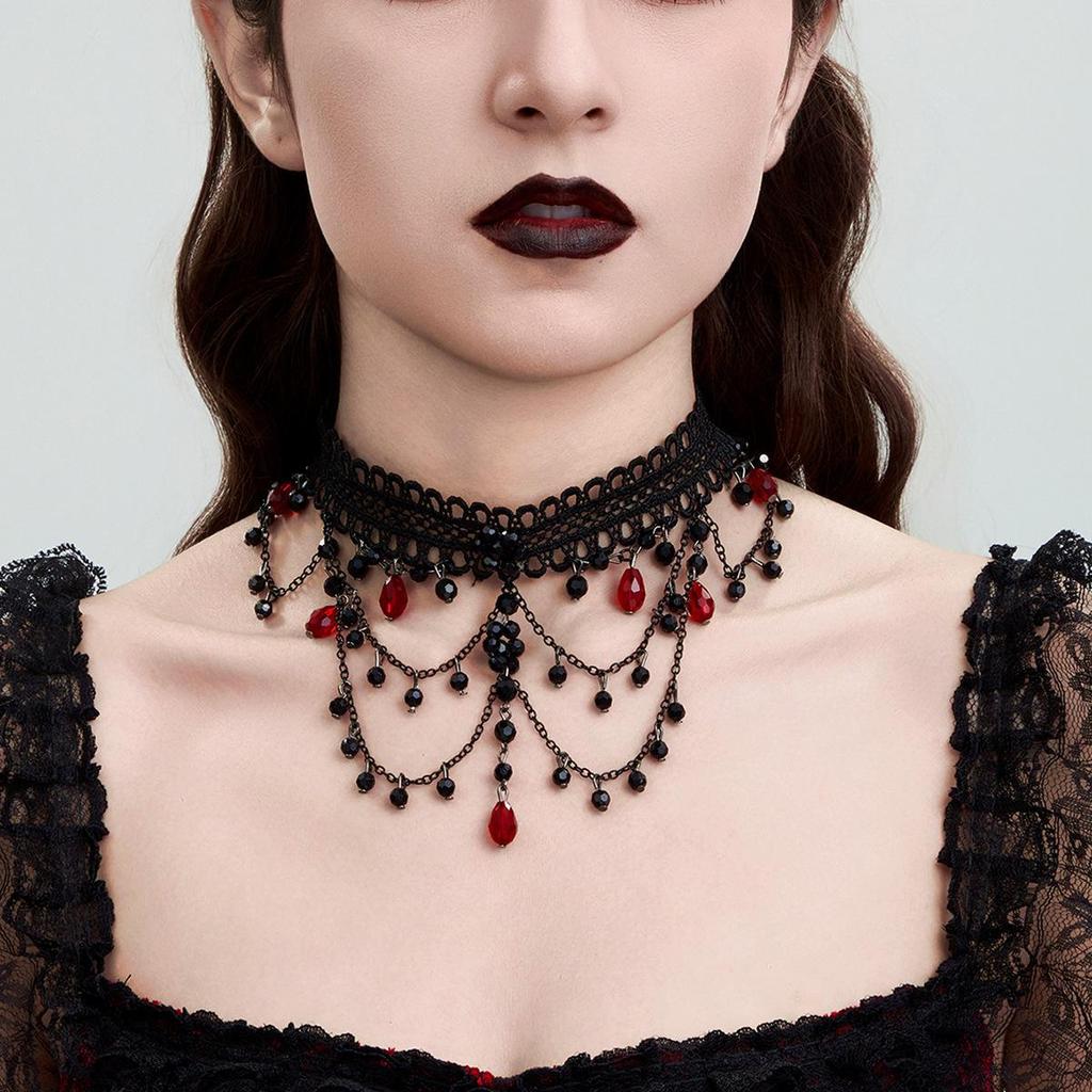 Palace Style Black Lace Clavicle Necklace with Retro Crystal Beads and Tassels