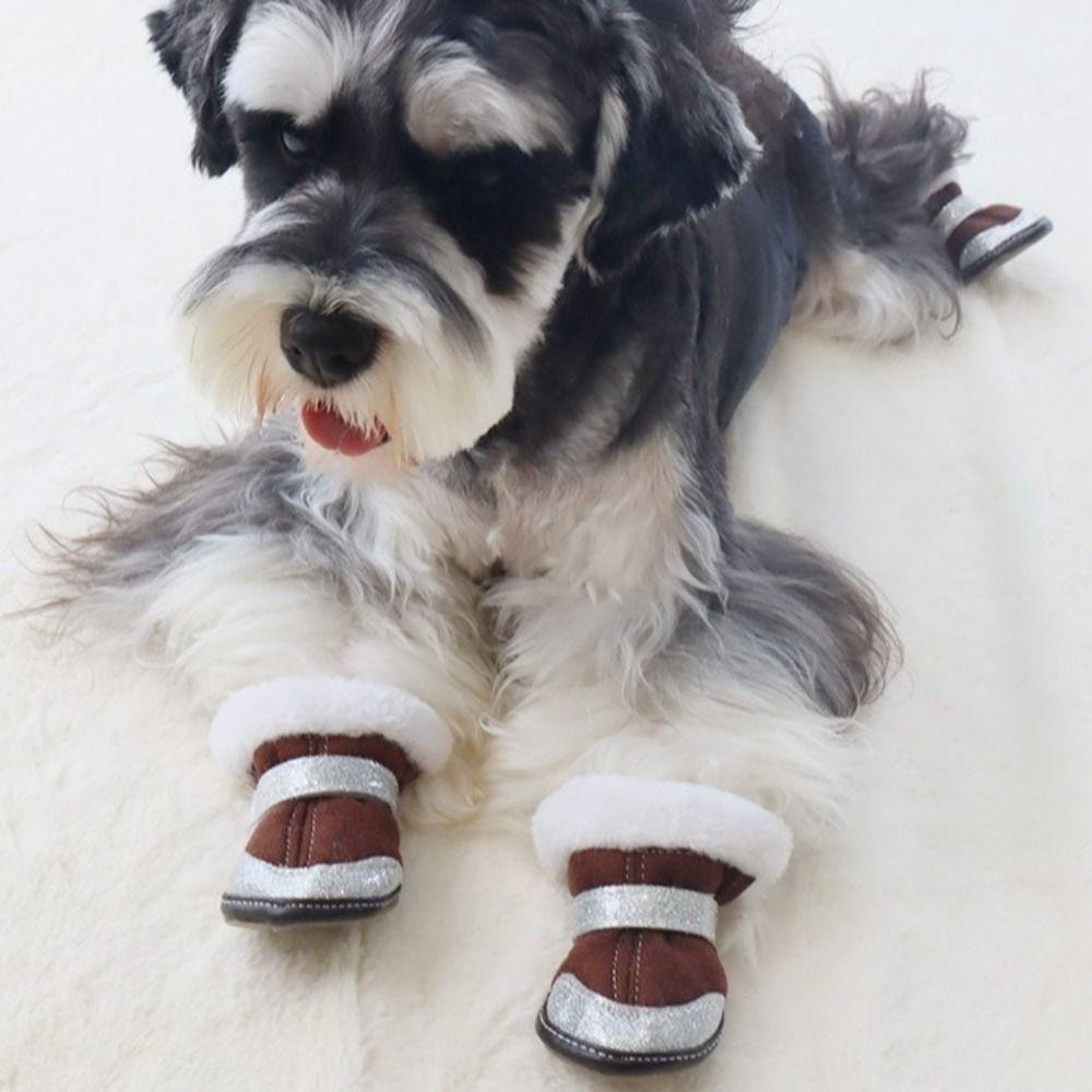 4Pcs/Set Dog Casual Shoes Waterproof Winter Dog Shoes Warm Soft Sole Pet Snow Boots Velvet Adjustable Puppy Boots Snow Walking