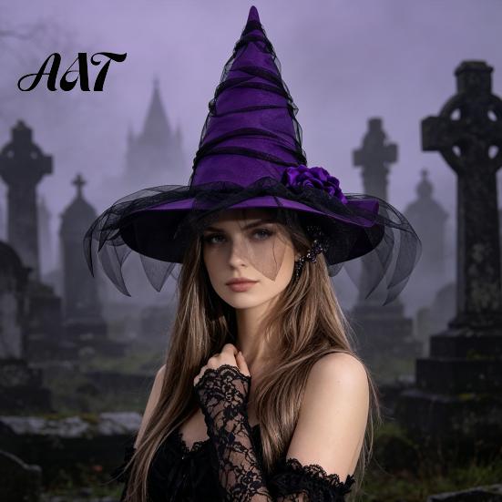 Unique Witch Costume for Adult Halloween Hat Women, Gothic Mesh Rose Flower Wizard Costume, Cosplay Party Fashionable Theme Props
