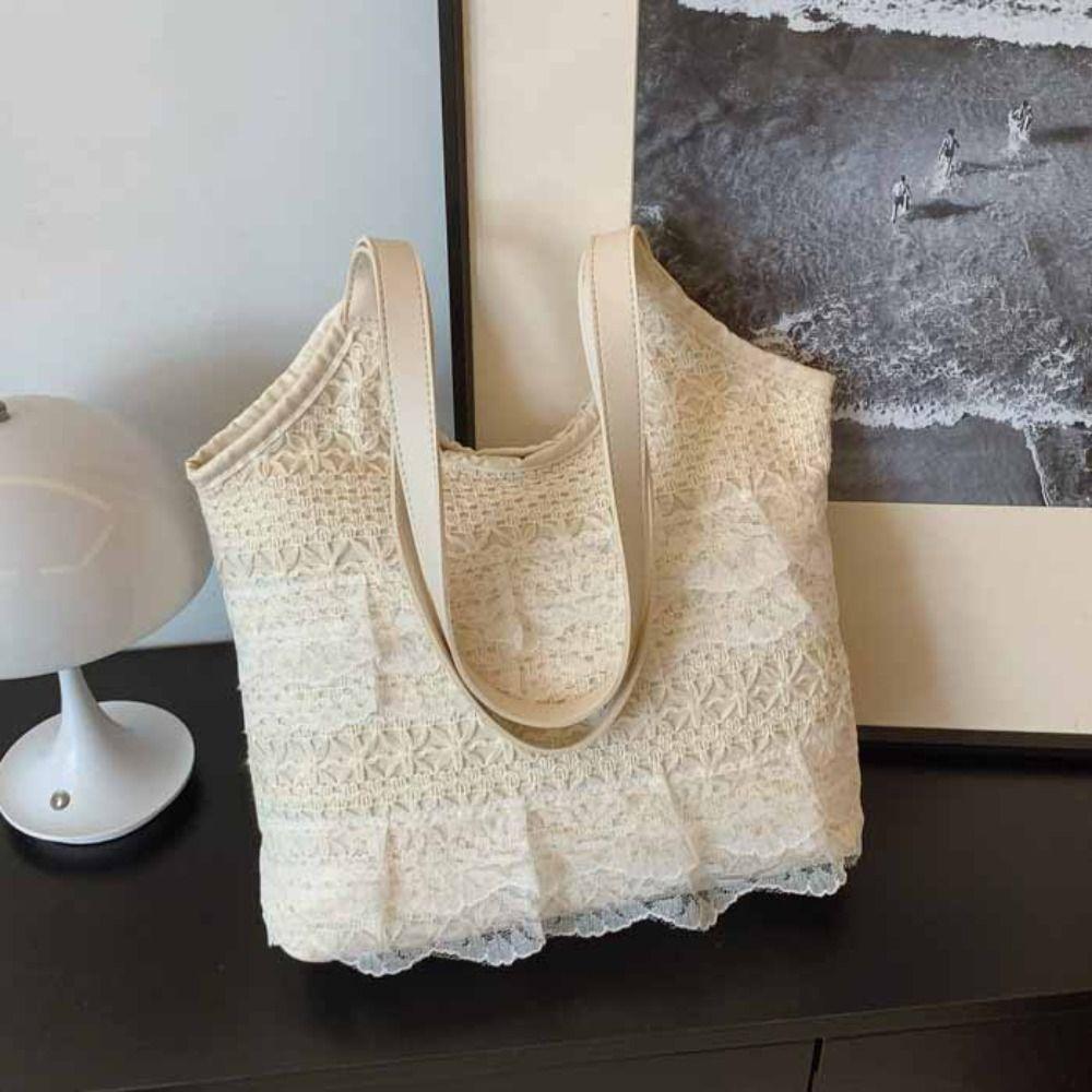 S krajkou a stuhou Taška přes rameno Korejský styl Velkokapacitní taška Nákupní Jednoduchá plátěná kabelka Práce