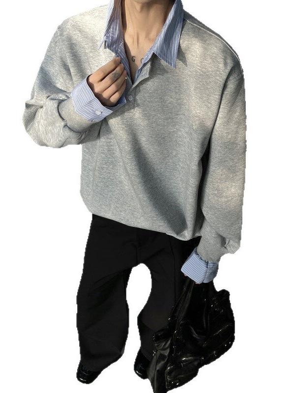 Men's Spring/Autumn Color Block Hoodie with Shirt Collar - Long Sleeve Patchwork Polo Jacket