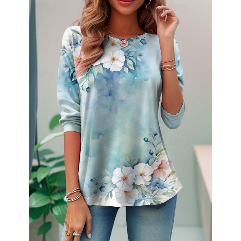 Damen T-Shirt 3D Druck Niedlicher Libellen Blütenblatt Print Lässig Langarm Rundhals Reguläres Oberteil Täglicher Druck Rosa Frühling T-Shirt