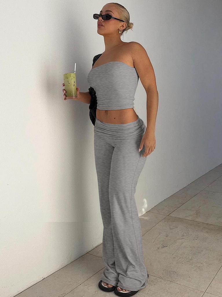 Women's Spring 2025 Solid Strapless Top and Flared Pants Slimming Fashion Set