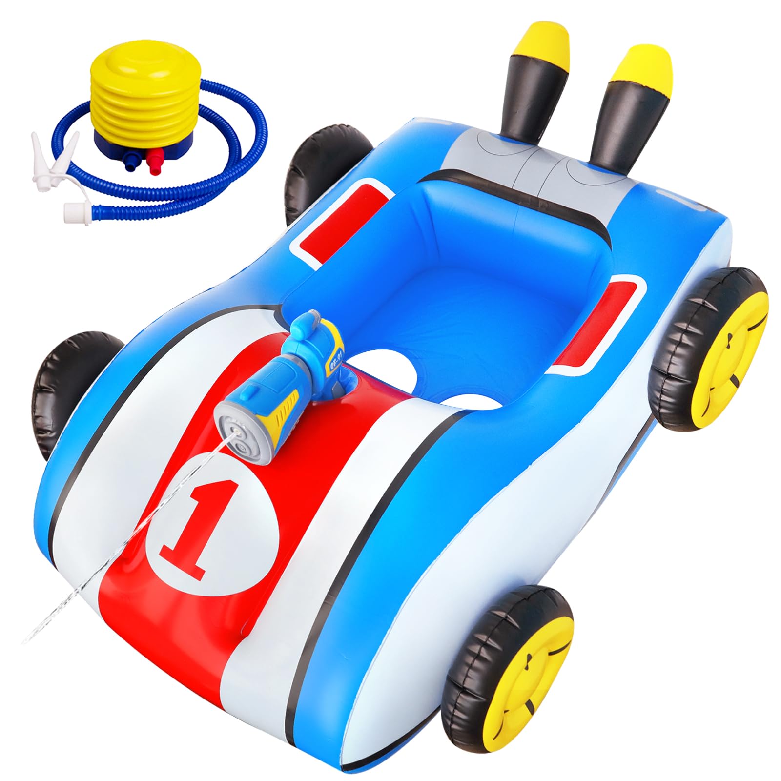 

Mercs-X Kids Float, Car-Shaped Swim Ring with Foot-Insert, Water Gun, and Foot Pump Included, Blue, for Ages 6+, Beach, Pool, and Outdoor Activities