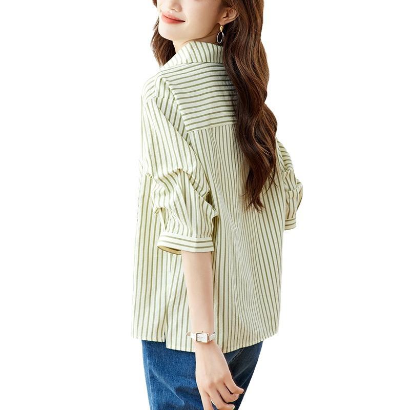 V-neck Striped Shirt for Women In Three-quarter Sleeve Spring and Summer New Top Design Sense Women's Casual Shirt