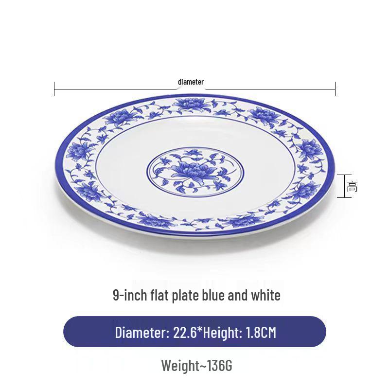Blue & White Melamine Porcelain-Look Round Plate: Thickened, Durable for Stir-Fry, Rice, and Restaurant Use