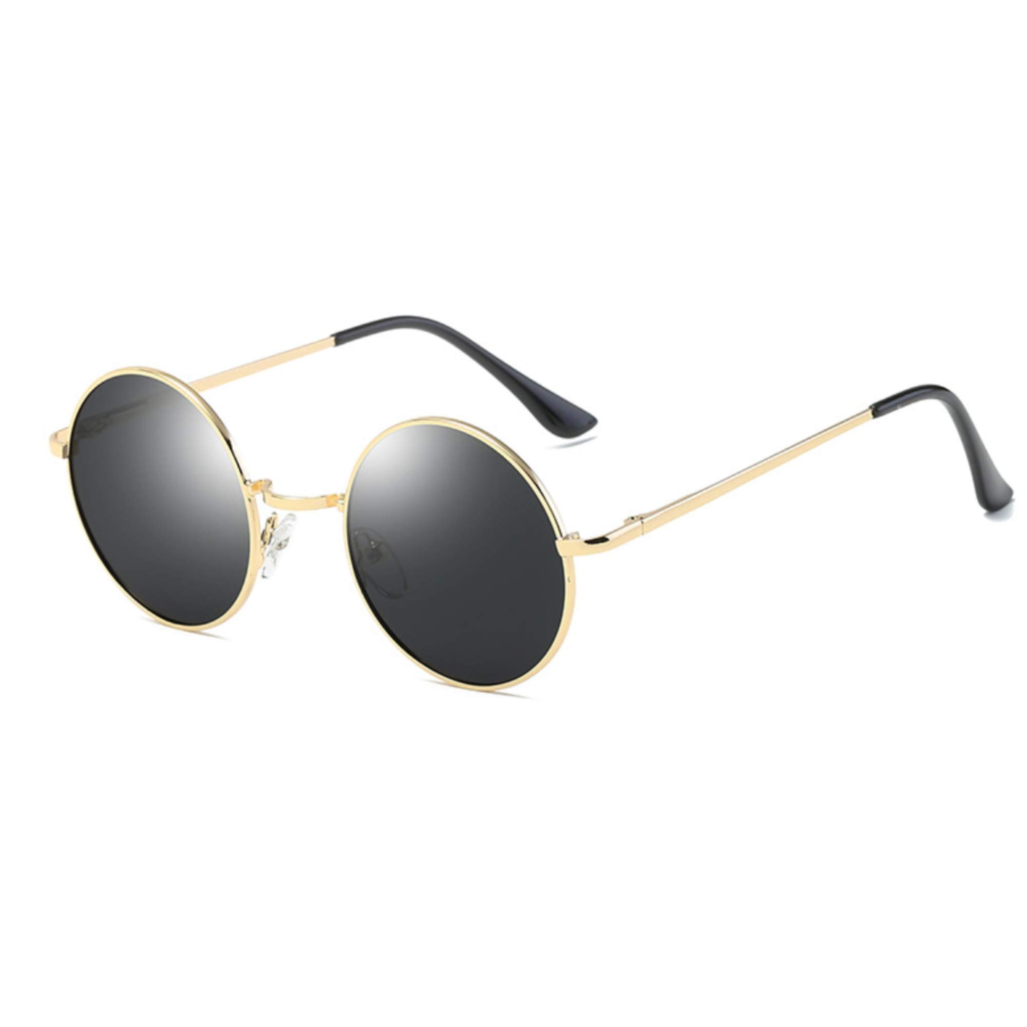 [M2Ma] Round Sunglasses for Men, Flat TAC Lenses, Polarized, Ultra-lightweight 19g, Stylish, UV Protection, Reinforced Frame (Polarized Black & Gold
