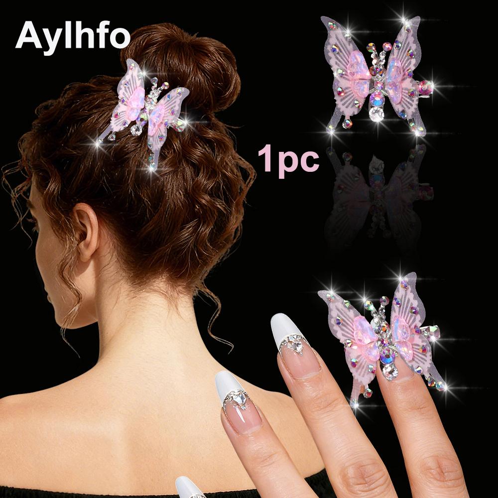Shiny Rhinestone Butterfly Hair Clip, Handmade Sparkling Side Clip, Bohemian Style for Women розовый