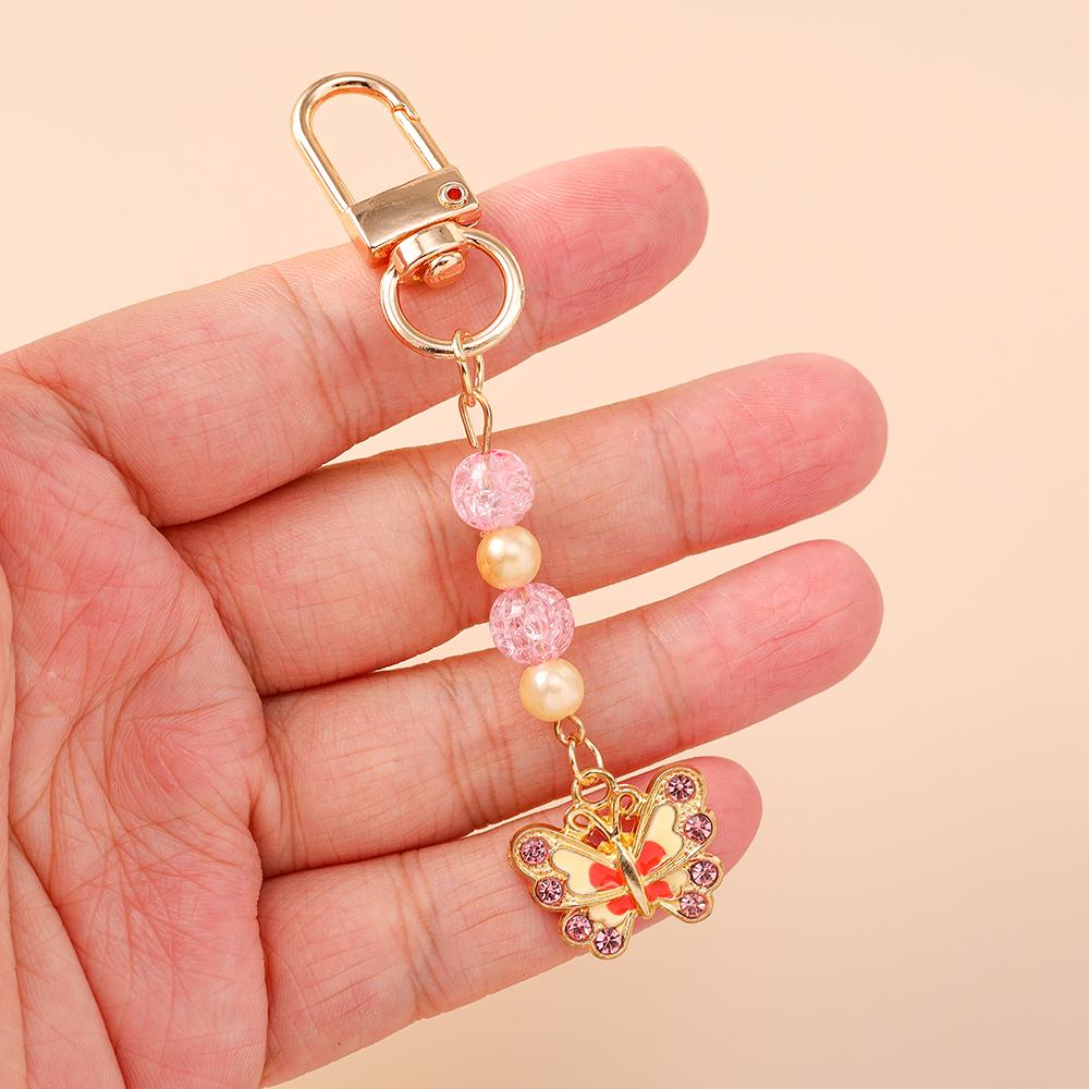 Cute Enamel Flower Butterfly Keychain Women Girls Beads Pearl Key Ring Pendants for Handbag Decor DIY Handmade Jewelry Gifts