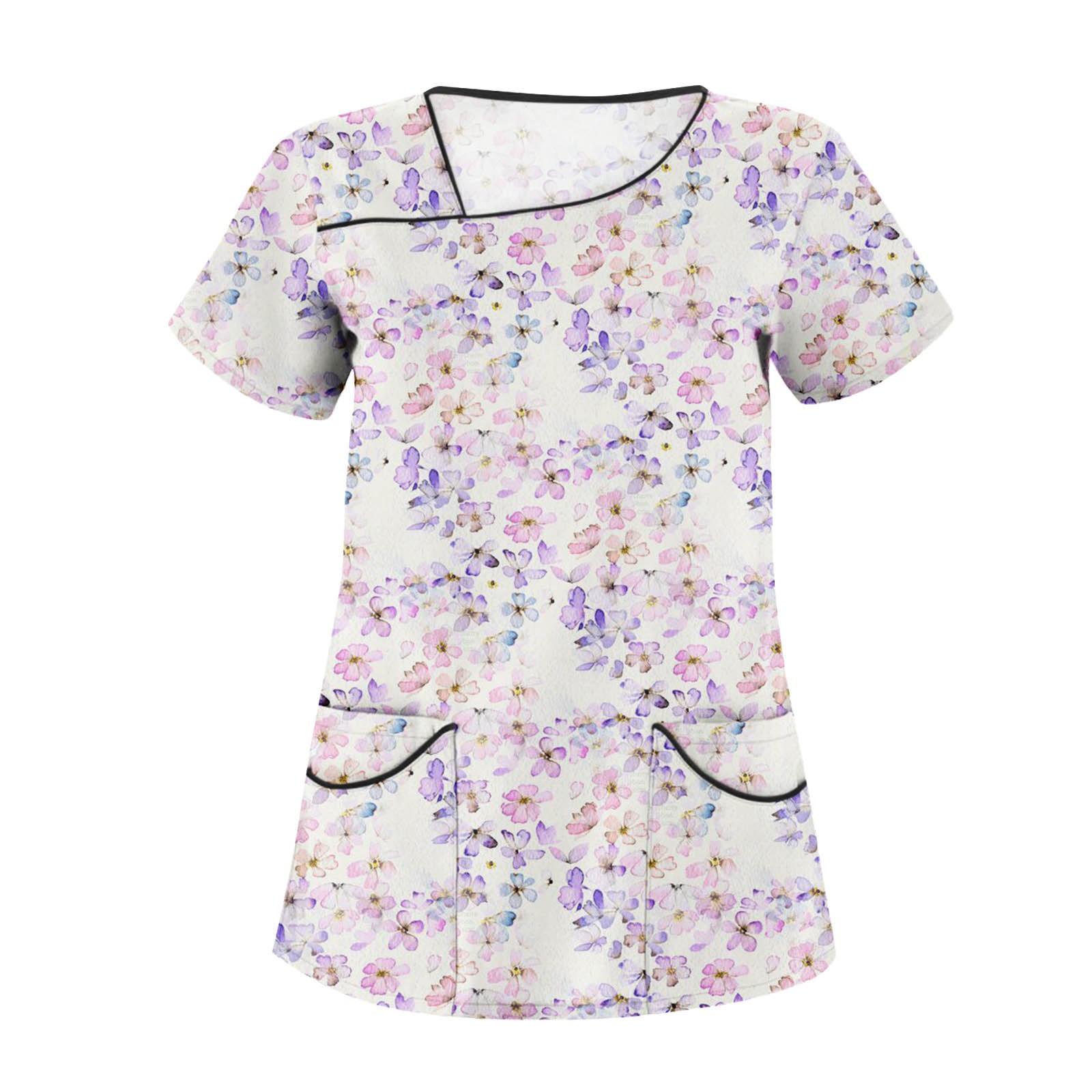 

Women s Fashion Flower Printed Short Sleeve Care Workwear With Double Pockets Top XXL рожевий