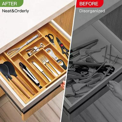 Adjustable Expandable Bamboo Drawer Organizer For Kitchen,Bedroom Or Living Room-Ideal For Organizing Cutlery,Silverware& Knives