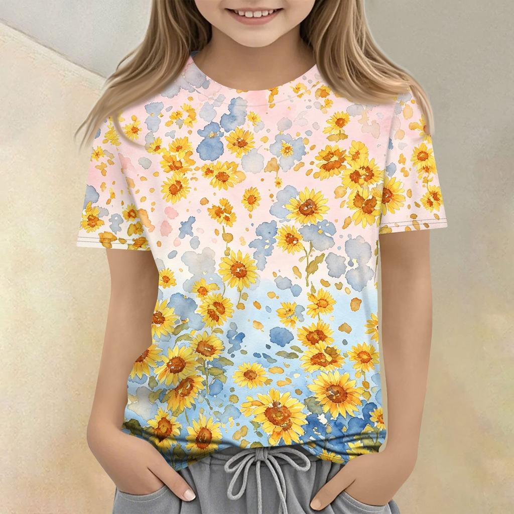 Girls Floral Print Casual Loose Fit Short Sleeve T Shirt Crew Neck Comfortable Everyday Wear Top for Kids
