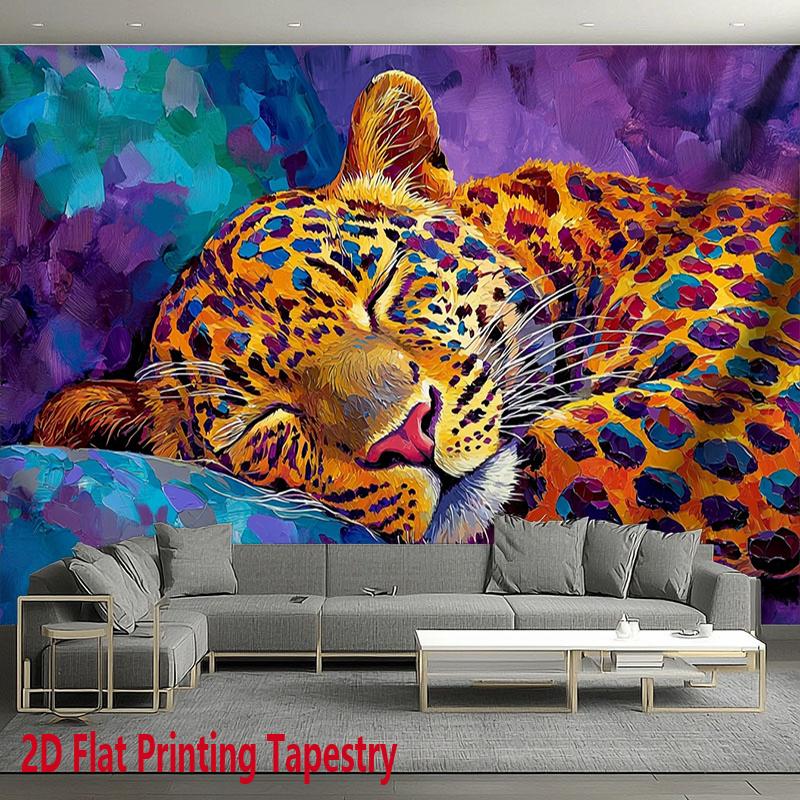 1Pcs Colorful Oil Painting Leopard Tapestry, Sleeping Leopard Wall Hanging, Aesthetic Room Decor Suitable Offices Bars Party