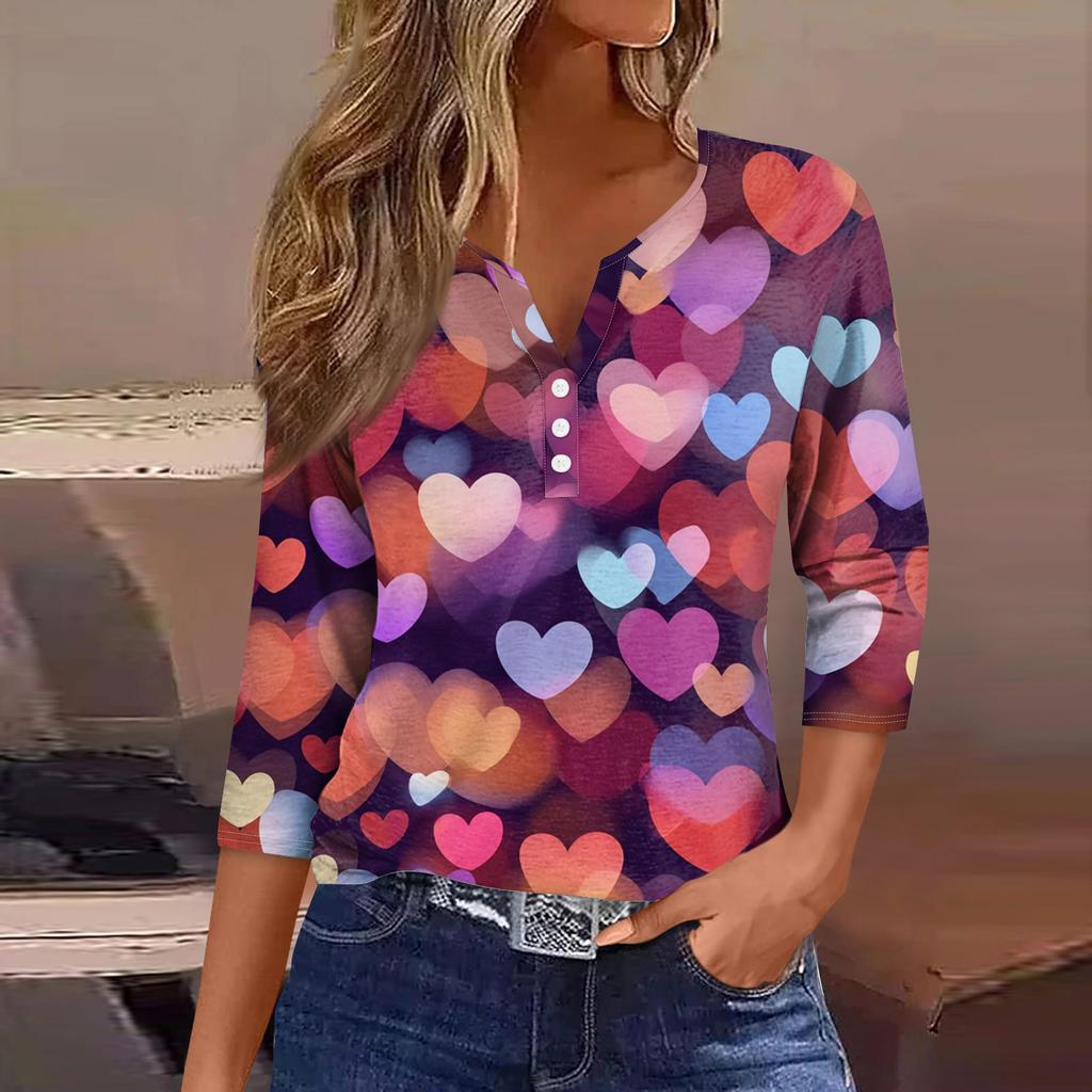 Women's  collar Valentine's Day print short-sleeved T-shirt top