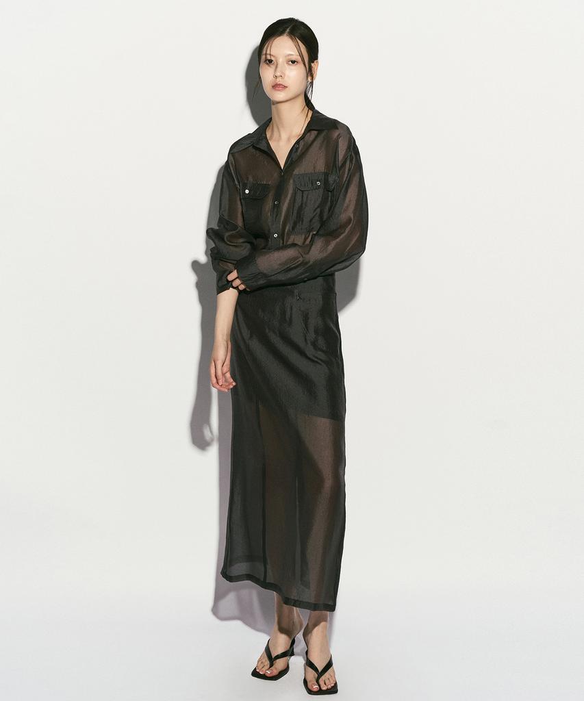 RE RHEE Sheer Cupro Maxi Skirt Midnight Navy