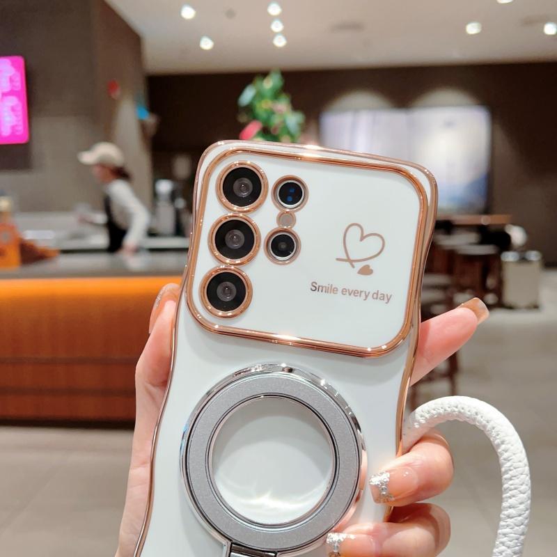 Wavy Frame Wrist Strap Phone Case for Samsung Galaxy S22 S23 S24 S25 Ultra Plus Edge A55 A54 A56 A36 A24 Silicone Soft Protective Cover Magnetic Stand