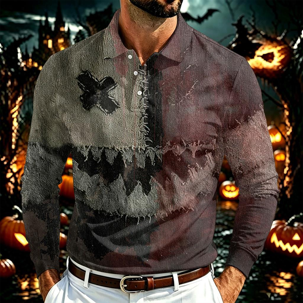 Herren Langarm Poloshirt Leichtes Atmungsaktives Netzgewebe Lässiges Hemd mit Knöpfen Halloween Geister-Aufdruck Design