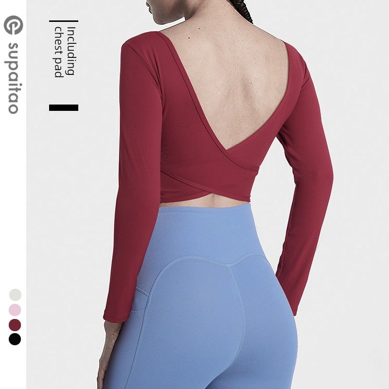 

Supaitao Wear-Free Underwear with Chest Pad Long Sleeves Yoga Clothing Top Beauty Back Integrated Chest Pad Workout Clothes Pilates Women Ankoala Red M
