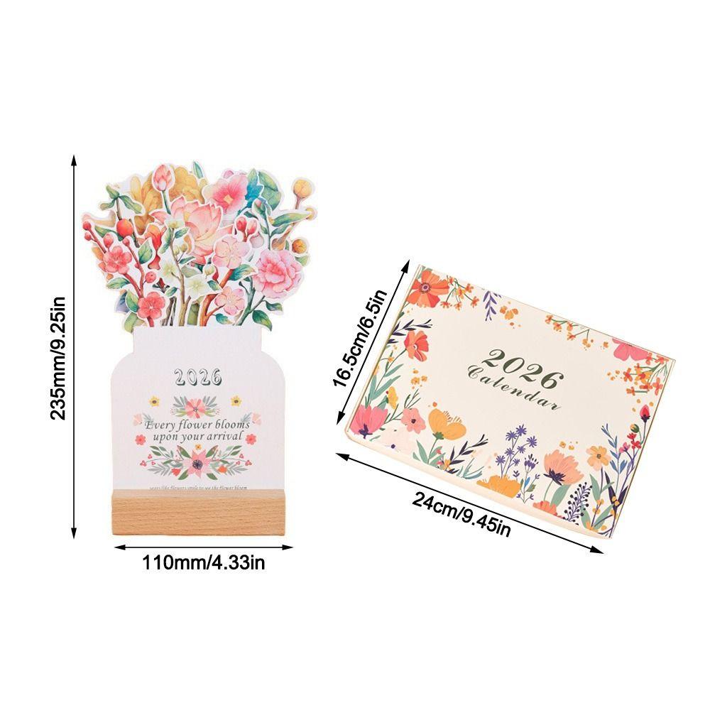 Vasenförmiger Kalender mit blühenden Blumen Schreibtischkalender Holzsockel Stehender Kalender für das Neue Jahr