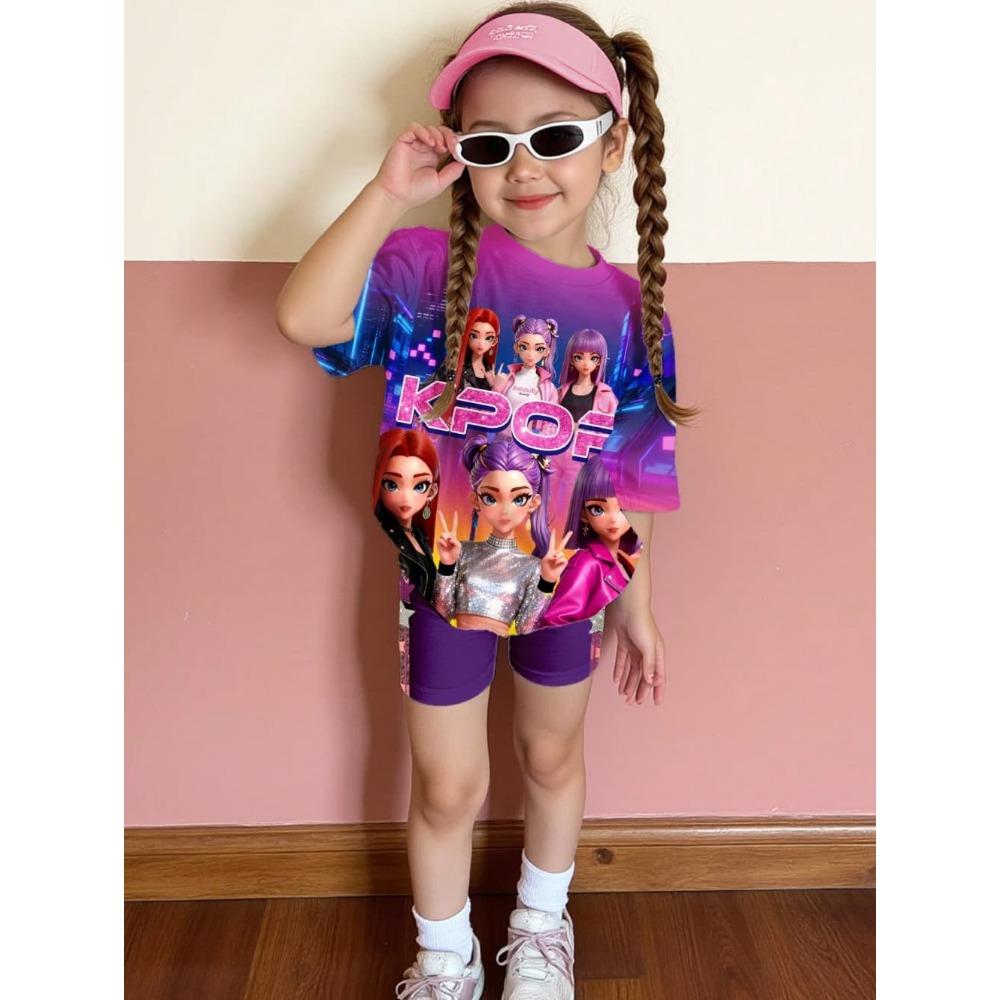 Kpop Cartoon Graphic New T-Shirt and Pants Set Girls' Summer Clothing Cute Short Sleeve Set Children's T-Shirt and Shorts Set